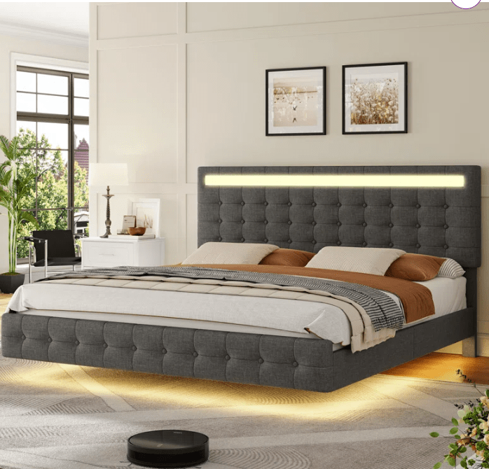 Modern Upholstered Platform Bed with LED Headboard – Linen Fabric