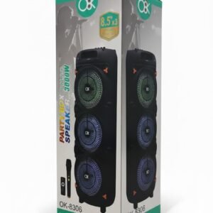 OK Party Box Speaker (3000W PMPO) – Triple 8.5″ Bluetooth Tower with Microphone
