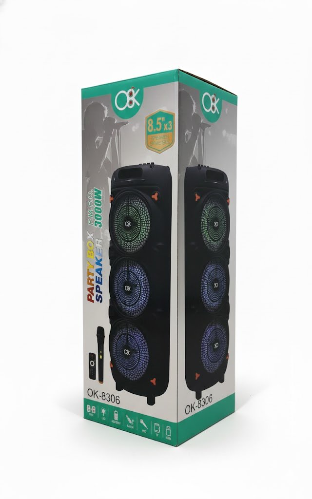 OK Party Box Speaker (3000W PMPO) – Triple 8.5″ Bluetooth Tower with Microphone