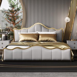 Leather Metal Bed Frame Upholstered Antique