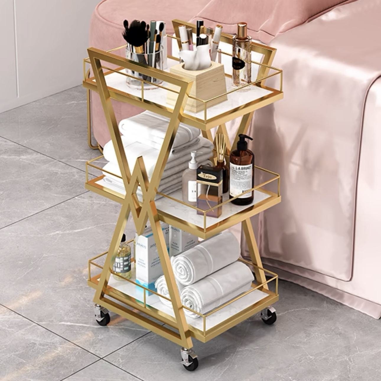 High Quality Waterproof Rose Gold Metal Manicure Barber Trolley Cart