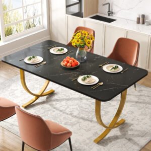 Modern Rectangular Black Faux Marble Dining Table with Gold Base (4–6 Seater)