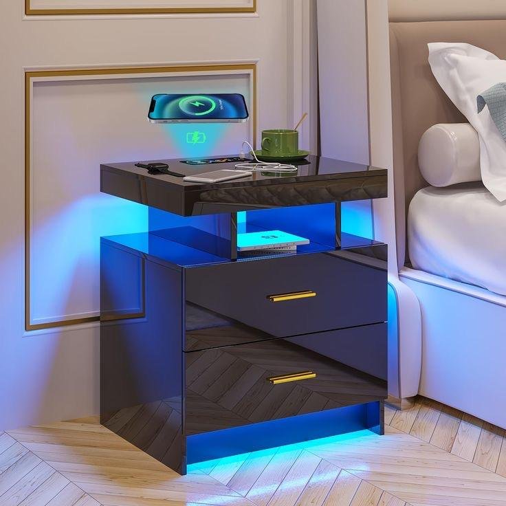 Modern Smart Wood Bedroom Cabinet Table Wireless Charge Household Solid