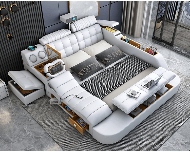 Luxury Smart Leather Fabric Bed Multifunctional Tatami King