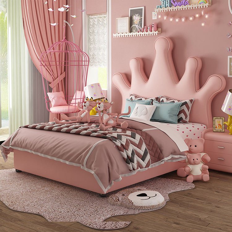 Modern Leather Wood Bed Frame Set Girl Boys Pink King